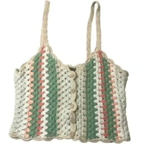 Forever 21 Tops - FOREVER 21 Crochet Crop Tank Size S Green White Striped Bra Top Party Festival